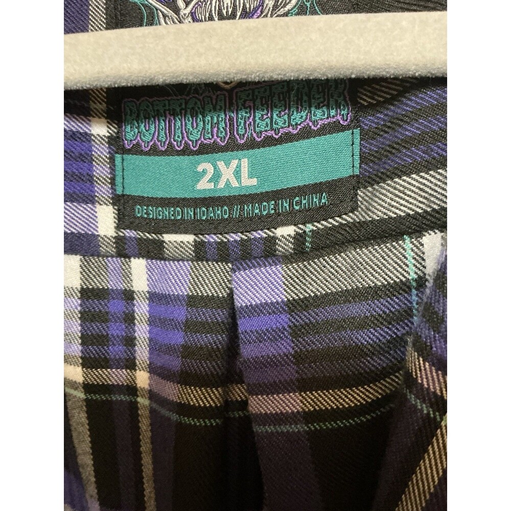 Born Scum "Bottom Feeder" Purple Black Plaid Flannel Shirt Mens 2XL Heavyweight - Picture 4 of 5